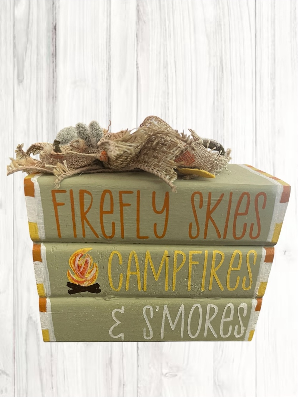 🪷 Handcrafted Rustic Book Stack – Firefly Skies, Campfires & S’mores